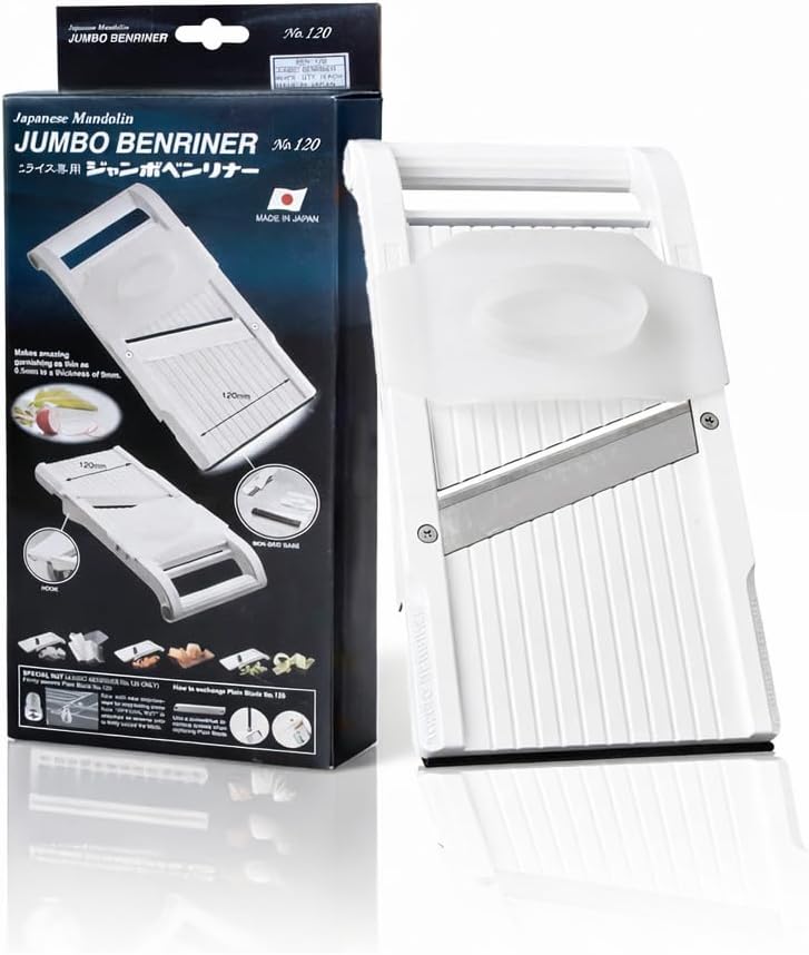 White Jumbo Benriner No. 120 mandoline in front of its retail box, which shows the 120 mm cutting width and the non-skid base