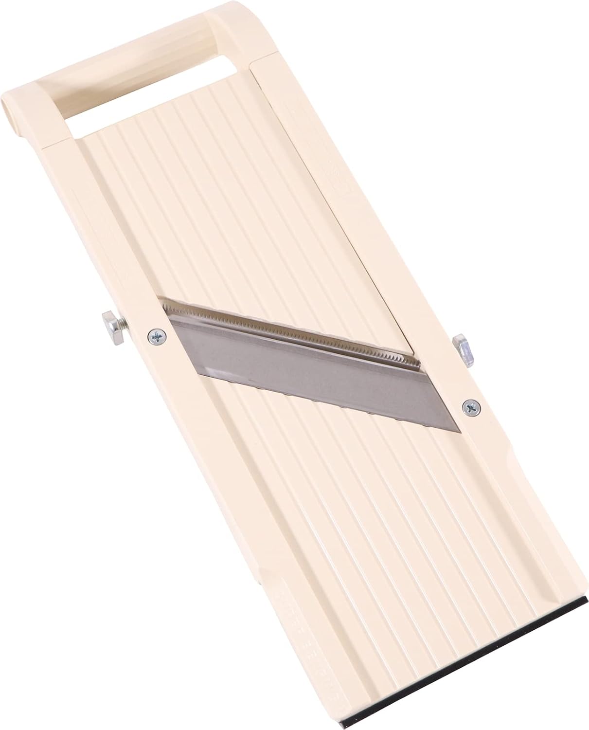 Beige Benriner Super Slicer No. 95 seen at an angle, showing the top handle, the ribbed bed and the black non-slip strip on the front edge